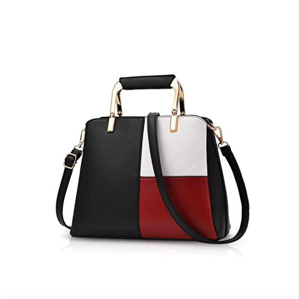 black, red, white bag